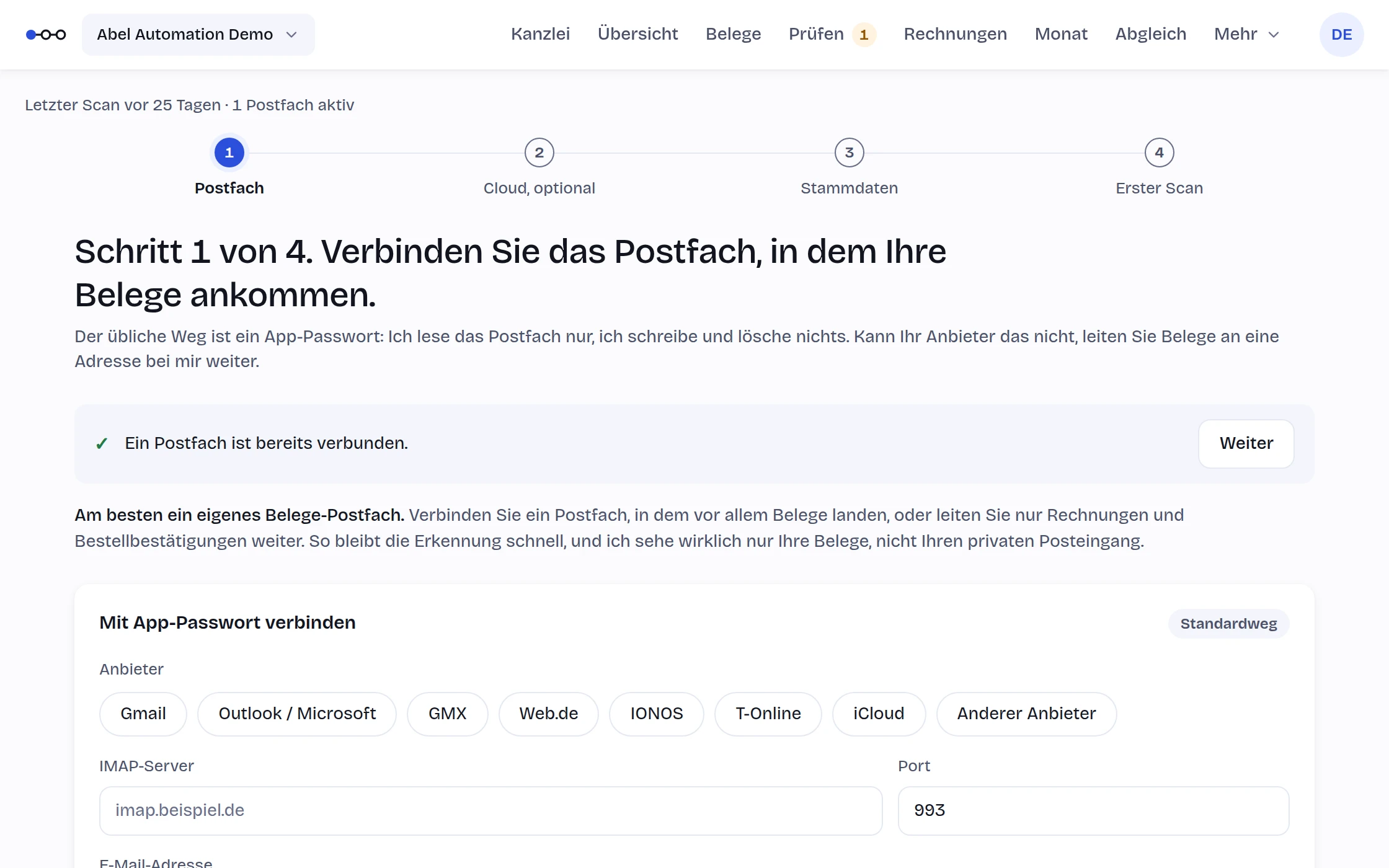 Die Einrichtung: Ihre persönliche Adresse für Rechnungen, daneben die Wege Postfach verbinden und Datei hochladen