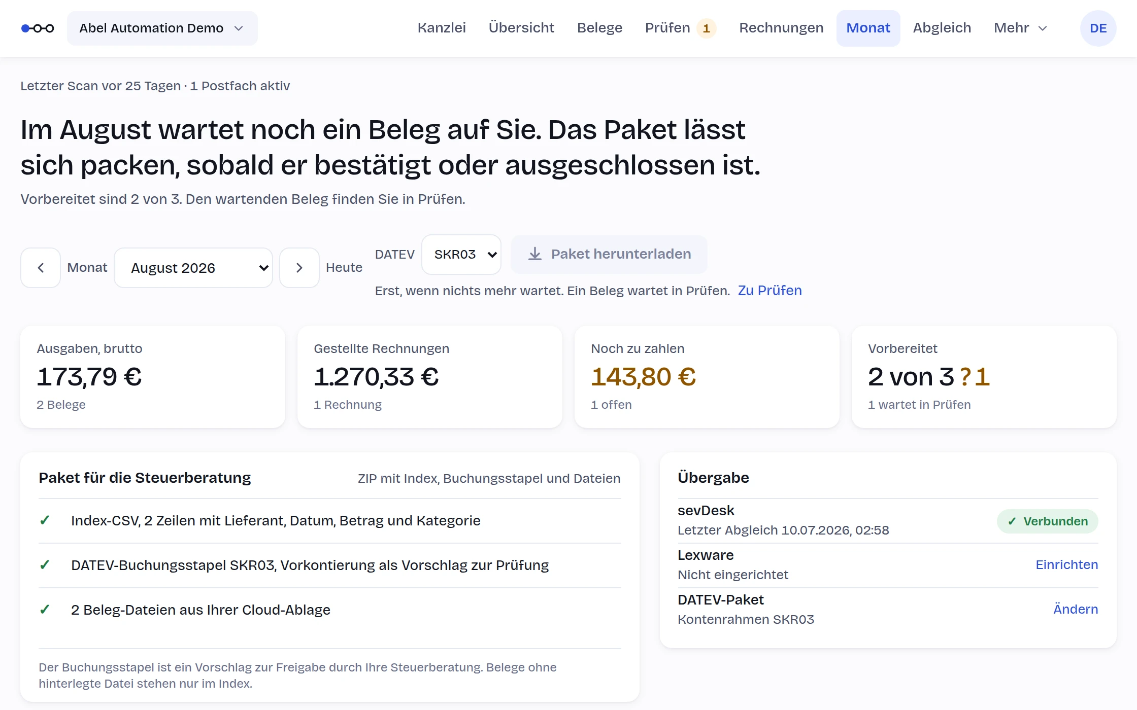 Der Monat als Paket: Belegliste, Buchungsstapel-Vorschlag und alle PDFs in einem ZIP zum Herunterladen