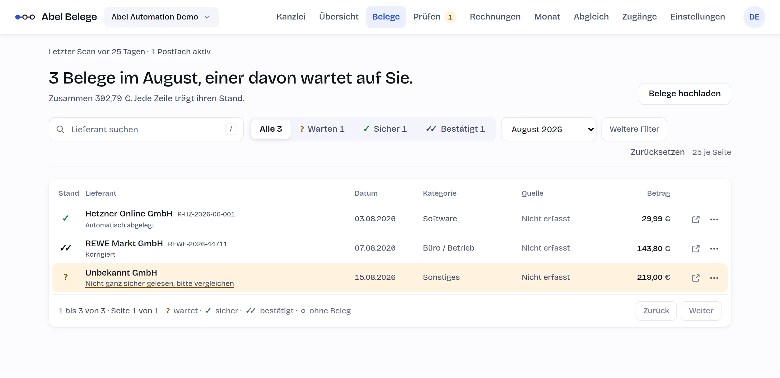 Prüfen-Ansicht von Abel Belege: drei erkannte Rechnungen, eine davon wartet auf Ihre Prüfung